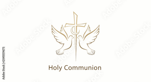 A golden cross with a crescent moon above two doves in flight, with 