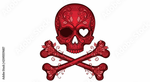 Red skull with heart eye and ornate rose-adorned crossbones