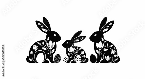 Three black rabbits adorned with floral patterns, sitting with decorative eggs