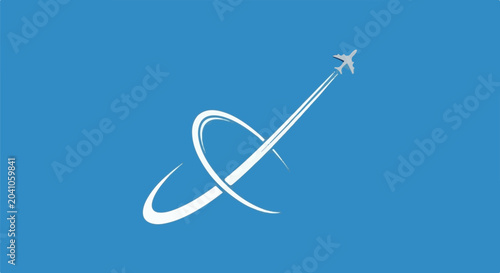 Jetliner soaring through a stylized orbit against a clear blue sky backdrop