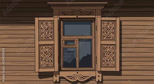 Intricate wooden window frame with carved shutters on a rustic log cabin wall