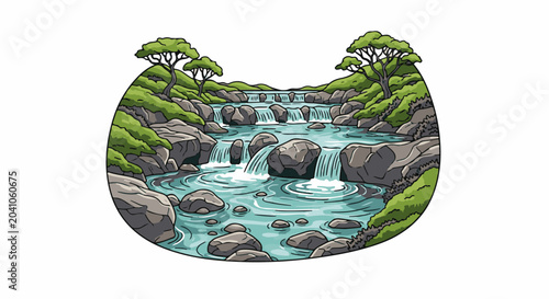 Stylized illustration of a multi-tiered waterfall flowing through rocky terrain with green trees