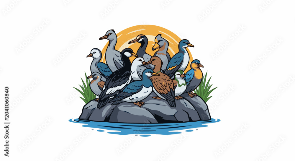 Fototapeta premium A flock of diverse waterbirds gather on rocks at sunrise, with lush grass and calm water