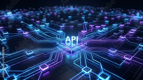 API Integration Technology Background Illustrates Digital Transformation, Advanced Software Development, Data Flow, and Futuristic Cloud Computing Network Solutions.