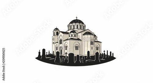 Orthodoxy cathedral with dome and steeple, surrounded by tombstones