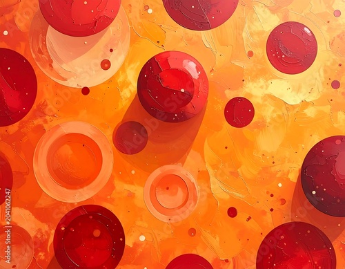Vibrant Red Circles Floating on Abstract Orange Painted Background