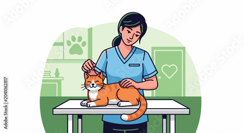 A veterinary professional examines an orange tabby cat on a white table in a clinic