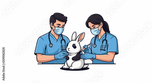 Two masked veterinarians in blue scrubs give a white rabbit a shot with a syringe