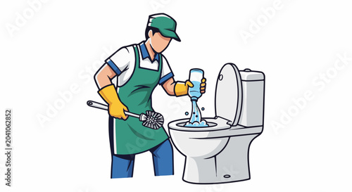 A worker wearing gloves and an apron pours liquid into a toilet bowl with a brush