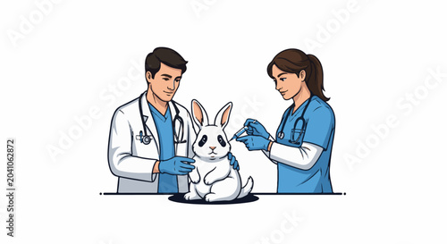 Two medical professionals administer care to a white bunny rabbit