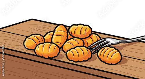 Pile of golden potato gnocchi with fork on a wooden board