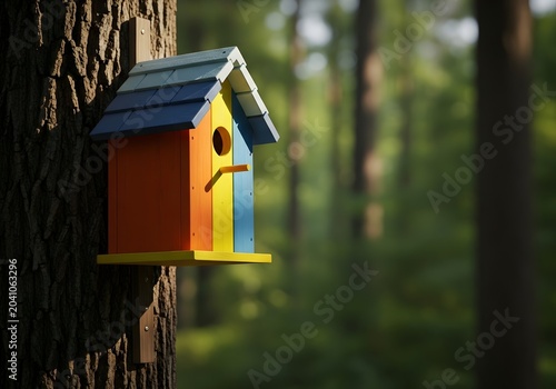 Vibrant, handcrafted birdhouse affixed to a textured tree trunk, bathed in warm sunlight filtering through lush, verdant forest foliage, creating a charming and inviting habitat for feathered