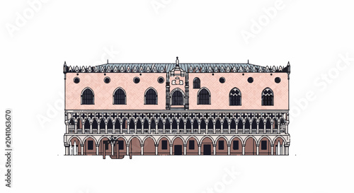 Ornate facade of a historic pink palace with arched windows and cloistered arcades