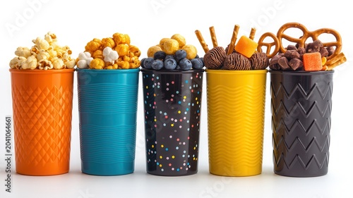 Five colorful cups filled with various snacks like popcorn, blueberries, cereal, pretzels, and candy isolated on white background