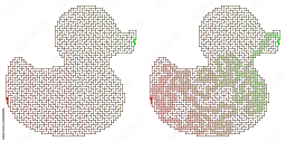 Fototapeta premium Maze design featuring a rubber duck with start and finish points 