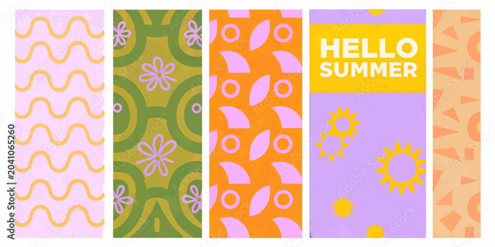 Obraz premium hello summer posters with colorful patterns waves flowers circles suns triangles geometric