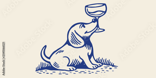 Canvas Print dachshund dog holding wine glass whimsical blue sketch illustration animal pet f