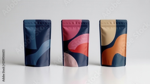 Three blank standup pouch packaging mockups with abstract colorful patterns isolated on white background
