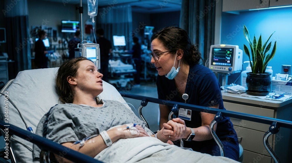 Obraz premium Compassionate Nurse Comforting Patient in Hospital Room Setting During Treatment