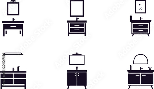 Collection of minimalist bathroom vanity icons with sinks and mirrors isolated on transparent background