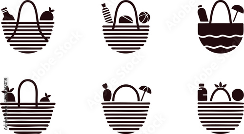 Bild auf Leinwand Set of six cartoon picnic basket icons for beach or park outings with summer ess