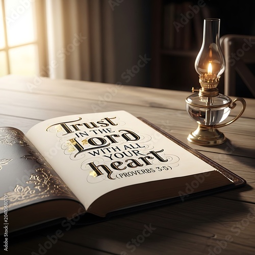Open Inspirational Scripture Book Resting Beside Lit Oil Lamp on Wooden Table