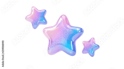 Vector illustration of set of 3d glossy holographic stars on a transparent background