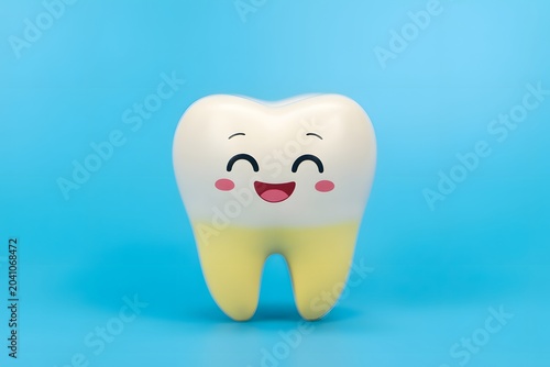 Cute cartoon tooth character smiling blue background high resolution picture