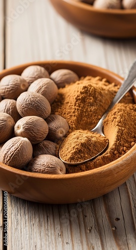 Whole Nutmeg and Ground Spice Arranged in Wooden Bowl on Rustic Table