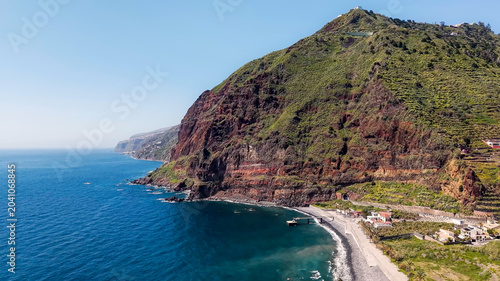 Aerial view of Fajã dos Padres on the southern coast of Madeira Island, Portugal.