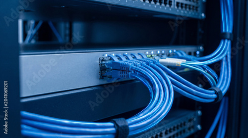 Canvastavla Close-Up Of Blue Ethernet Cables Connected To Network Switch In Server Rack