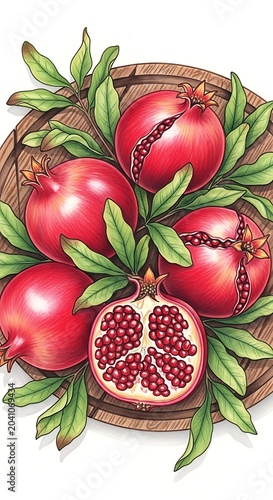 Vibrant Red Pomegranates Arranged with Green Leaves in Rustic Wooden Bowl