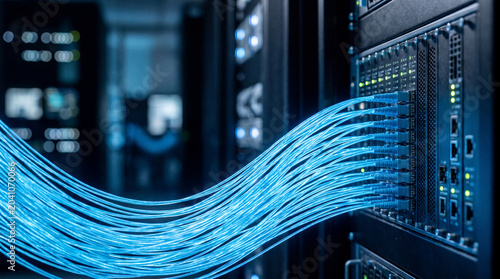 Foto Close-Up Of Blue Fiber Optic Cables Connecting To A Server Rack In A Data