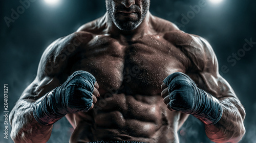 Close up a strong fighter man , big muslce , standing on the fight stage, spot light is background , action cinematic mood.
