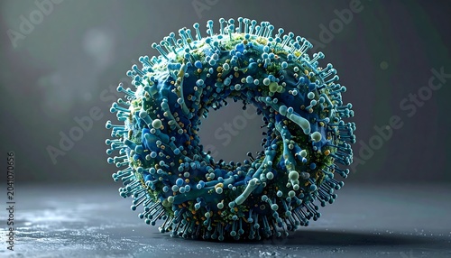Detailed Blue Viral Particle Model Resting on Dark Laboratory Surface