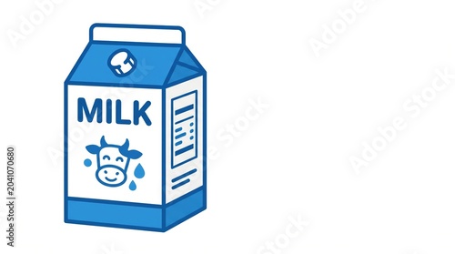 Milk carton icon with happy cow illustration on white background with copy space