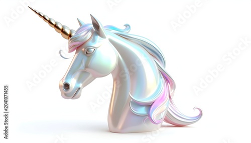 Iridescent Unicorn Head Sculpture with Golden Horn on White.