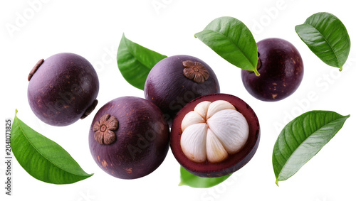 Photos Whole and halved mangosteen fruits with green leaves