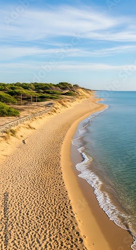 Sunny Sandy Beach Curving Along Calm Blue Sea and Coastal Dunes