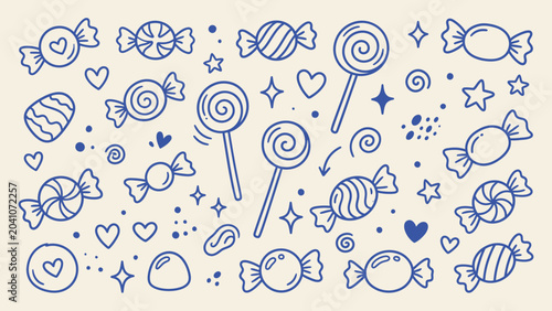 Foto Hand drawn candy doodle set with lollipops wrapped sweets hearts and stars vecto
