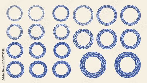 Photos Set of blue circular braided rope frames and borders with various thicknesses an