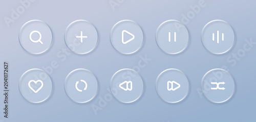 Glass music player interface icon on transparent background. Abstract 3d button panel for mobile phone app interface or web, vector illustration. Play, sound, like, add and search icon set.