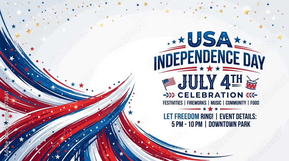 Fototapeta premium Usa independence day july 4th celebration poster with red white and blue swirls and stars