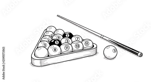 Black and White Billiard Ball Rack with Cue on Clean White Background