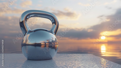 A shiny chrome kettlebell resting on a textured surface against a beautiful sunset over the ocean