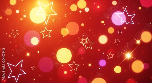 Glowing Festive Star Shapes and Colorful Bokeh Lights on Red Background