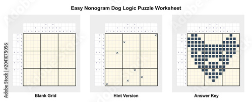Foto Dog nonogram worksheet with start grid, hint version, and answer key