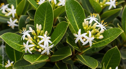Delicate White Flowers Blooming Among Glossy Green Leaves in Sunlit Garden