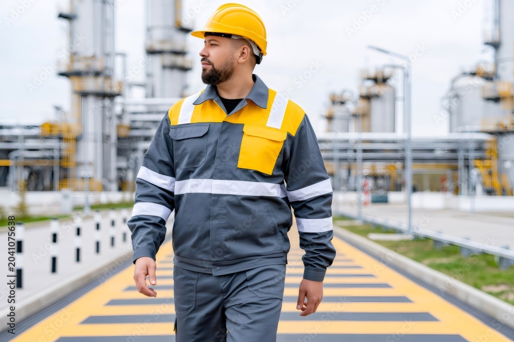Obraz premium Industrial worker walking at oil refinery plant