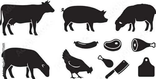 Foto Farm Animals and Meat Products Silhouette Icon Set